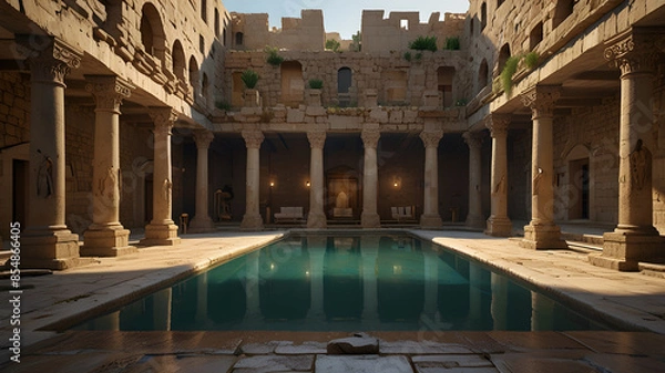 Fototapeta Pool of Bethesda, where Jesus healed the paralyzed man. The scene shows a serene pool surrounded by ancient stone structures and columns. The water is calm and reflective