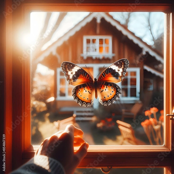 Fototapeta A butterfly sits on top of a glass looking at a wooden house.