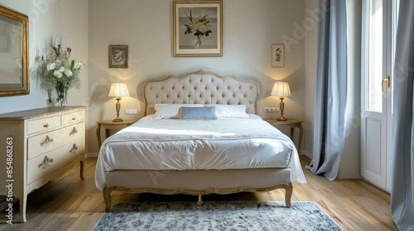Fototapeta Bedroom in soft light colors. Big comfortable double bed in elegant classic room.