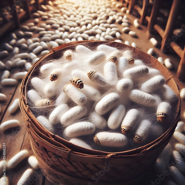 Fototapeta Silkworm Webbing in Hand with Larvae on Table
Silkworm and Larvae Handcrafted Nature.