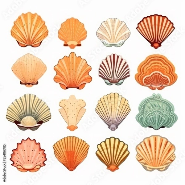 Fototapeta Seashells set isolated white background. Hand drawn illustration. Collection realistic sea shell for design. 
