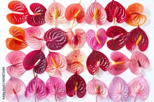 Fototapeta A stunning collage of anthurium flowers in various shades of red and pink, arranged in a beautiful artistic pattern. Perfect for adding a pop of color to any design.