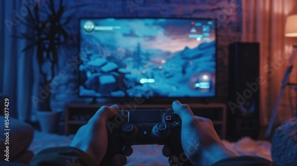 Fototapeta An individual playing a video game with a controller, with a TV screen showing the game