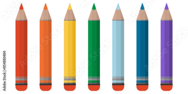 Obraz Set of kids colored pencils for drawing. Multicolored wooden pencils for school. School supplies. Flat style illustration isolated on white background.