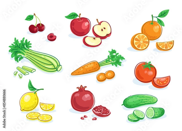 Fototapeta Set of colorful fresh fruits and vegetables. Whole and cut into pieces. Picture in line style. Dark outline with colored spots. Isolated on white background. Vector flat illustration.