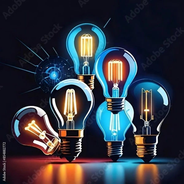 Obraz Glowing light bulbs on dark background. Idea concept. Vector illustration.