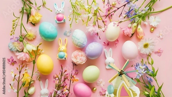 Obraz Easter and spring flat lay on a pink bacground