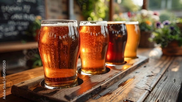 Fototapeta Four glasses of beer, each a unique hue, rest on a rustic wooden table. They stand ready for an afternoon of enjoyment