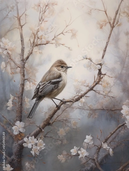 Fototapeta Dark academia poster. Bird on a Blossom Branch