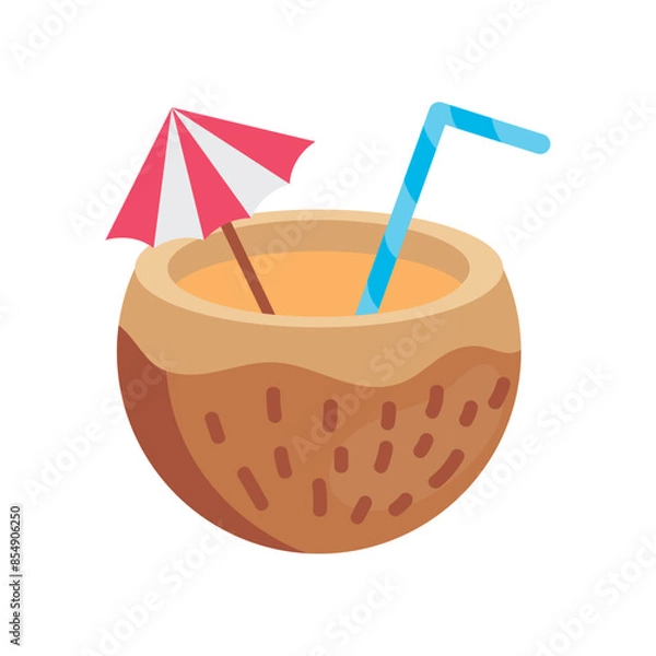 Fototapeta coconut cocktail with straw and umbrella