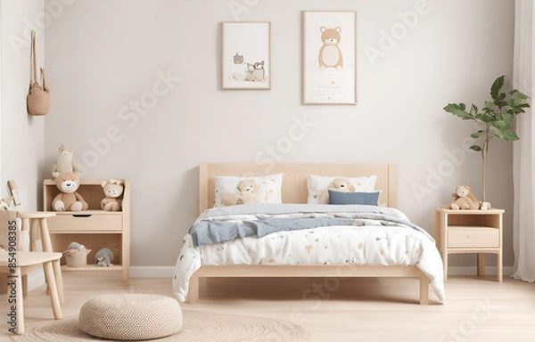 Fototapeta Create a calming and educational landing page for a store that specializes in children's bedroom furniture. soft and neutral color schemes, natural textures, minimalist design elements, showcases the 