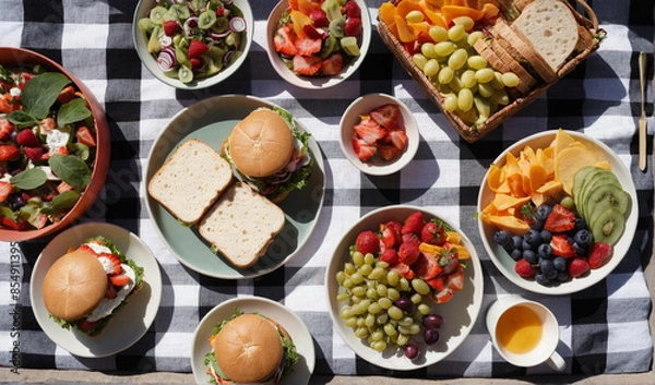 Fototapeta Top view shot of a picnic spread on a checkered blanket with a variety of sandwiches, fruits, and colorful salads