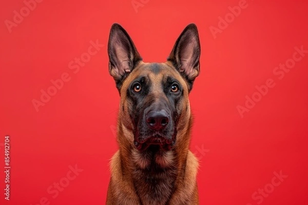 Obraz Belgian Malinois dog on minimalistic colorful background with Copy Space. Perfect for banners, veterinary ads, pet food promotions, and minimalist designs.