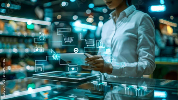 Fototapeta Digital shopper using a tablet, surrounded by virtual hologram icons indicating online payments and customer network connections.