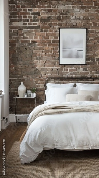 Fototapeta Cozy bedroom with exposed brick wall, white bedding, and minimalist decor creating a serene, comfortable space for relaxation and tranquility.