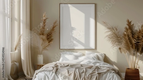 Fototapeta Mockup frame in light cozy and simple bedroom interior background