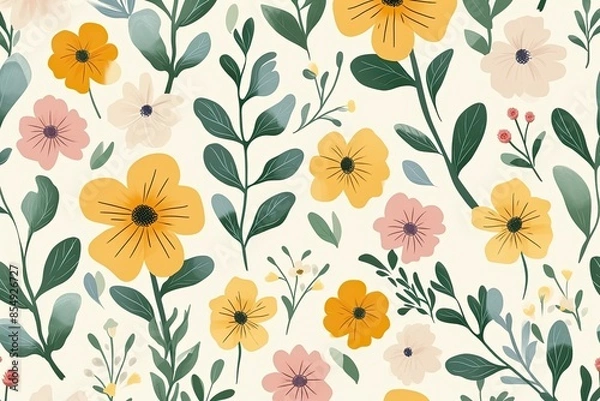 Obraz a floral pattern with orange flowers and green leaves, minimalist floral pattern for an invitation card