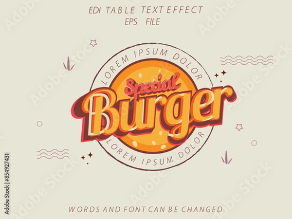 Fototapeta burger text effect, font editable, typography, 3d text. vector template