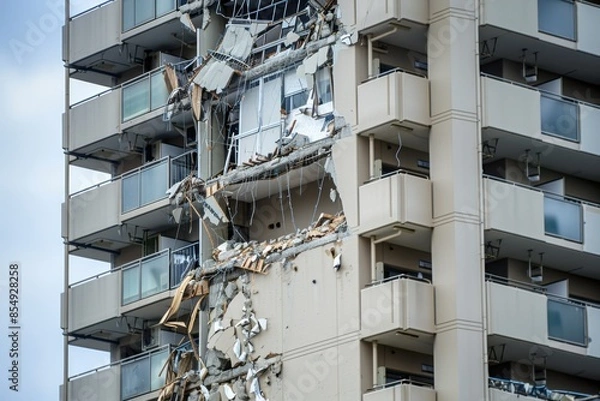 Fototapeta Close-up view of a high-rise apartment building with significant damage, showing debris and exposed floors after a destructive event.