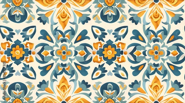 Fototapeta summer floral pattern seamless tiles blue, yellow and orange
