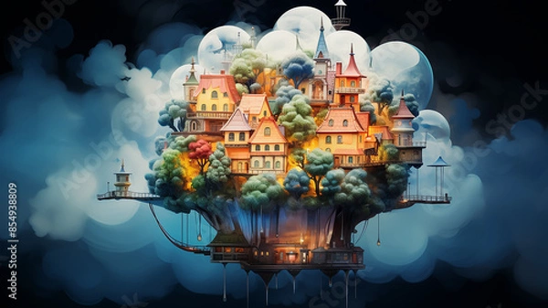 Fototapeta a treehouse in the clouds is a fantastic illustration of a fictional world, isolated on a black background