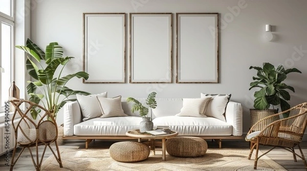 Fototapeta Mockup frame in Scandi living room interior