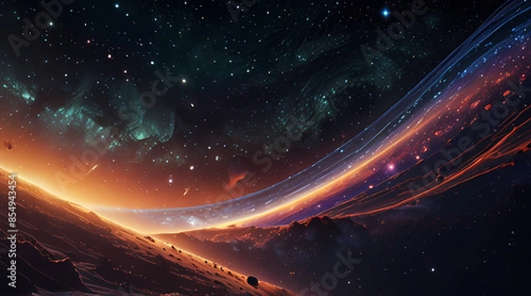 Fototapeta Visualize an outer space scene with holographic waves emanating from a distant galaxy, illuminating the stars