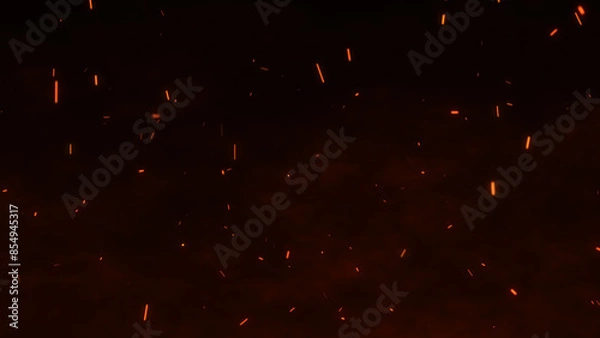 Fototapeta Bright glowing fire particles rising in a fiery sky with smoke. Fire flakes and bonfire background. Fire particles. Hot burning fire sparks and ashes.