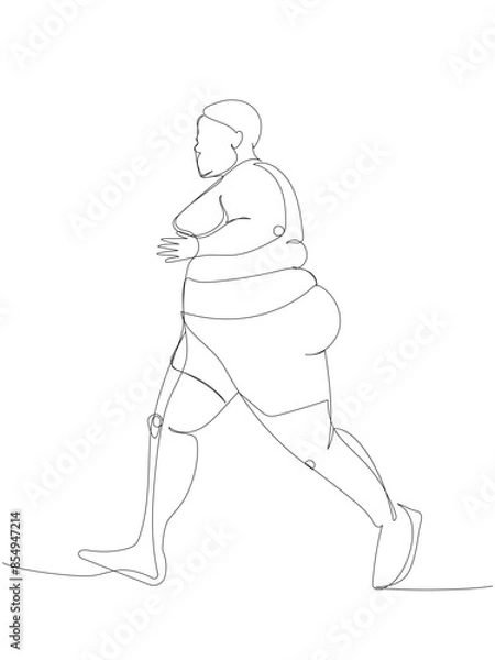Fototapeta Overweight woman doing sports, running one line art. Continuous line drawing of body positive, overweight, plus size model, XL, health, fashion, self acceptance.