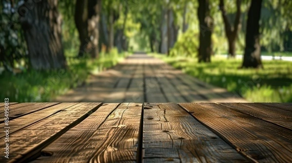 Obraz rustic wooden table empty surface with blurred green park background summer outdoor display digital illustration
