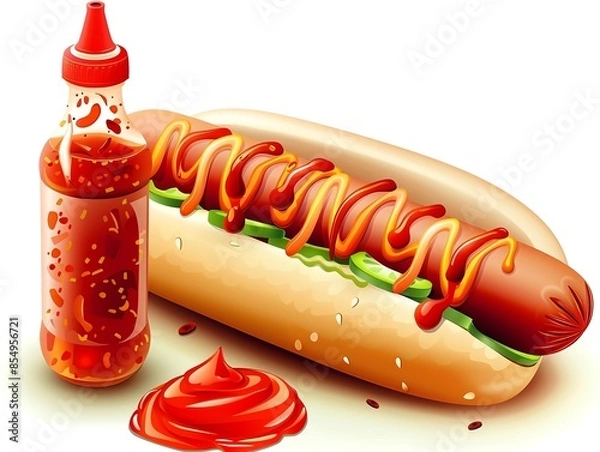 Obraz Delicious hot dog with mustard, ketchup, relish, and hot sauce bottle. Perfect for a summer picnic or barbecue.
