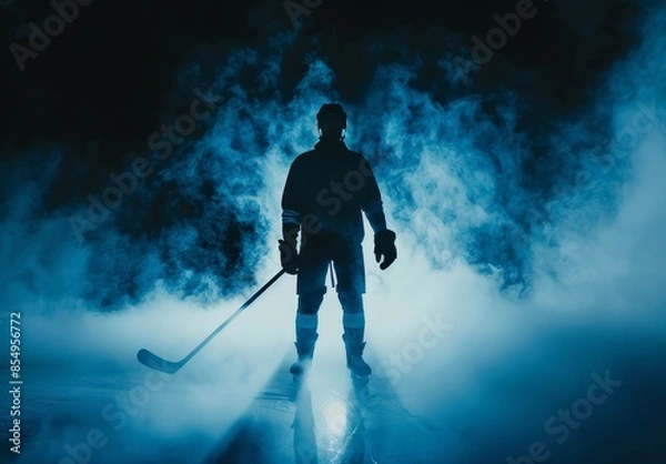 Fototapeta Silhouette of a hockey player holding a stick standing on an ice rink with dramatic smoke and blue light in the background.