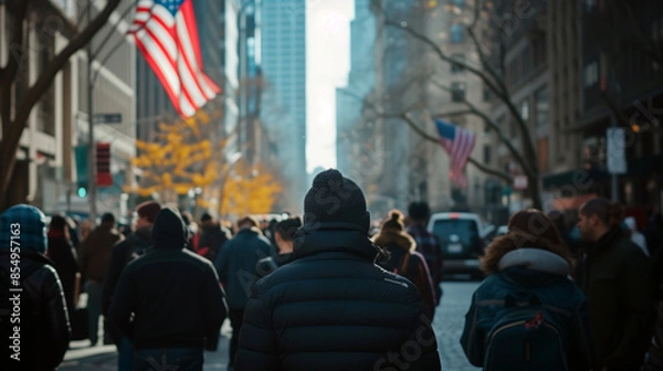 Fototapeta Urban Winter Stroll: City Street with Crowd and American Flags on a Chilly Day.