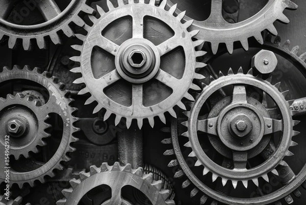 Obraz Retro black and white background of industrial cogs or gears with movement