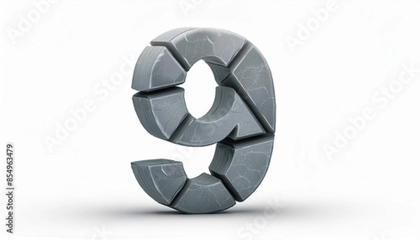 Fototapeta Number 9 made of gray stone isolated on white background. 3D rendering.