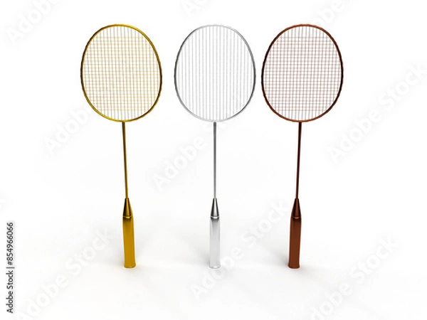 Fototapeta Gold, silver and bronze racket of the badmint competition for winning the match. Diploma idea. 3d rendering.