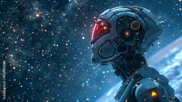 Fototapeta A surreal scene of a robot looking up at a starry night sky, its eyes reflecting a sense of wonder and the possibility of a future beyond war.