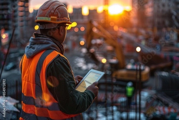 Fototapeta Construction worker using tablet at sunset on building site.
