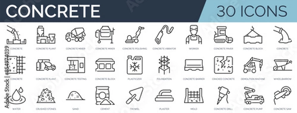 Fototapeta Set of 30 outline icons related to concrete. Linear icon collection. Editable stroke. Vector illustration