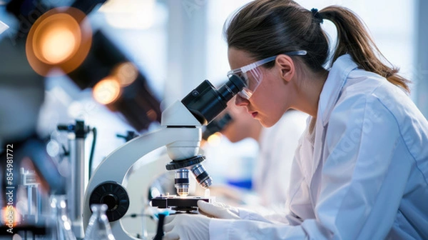 Fototapeta Scientist Using Microscope in Modern Laboratory. A female scientist using a microscope in a modern laboratory, showcasing advanced scientific research and the meticulous examination of specimens.