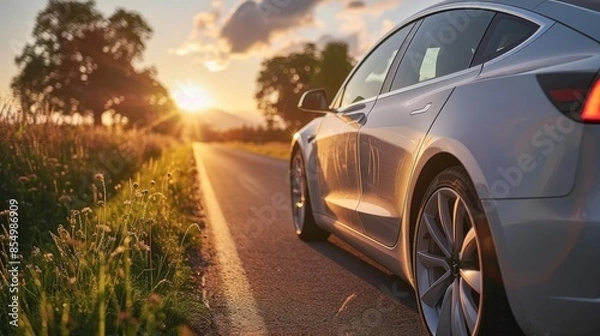 Fototapeta A stylish electric car driving on a scenic road during sunset, with trees and clouds creating a picturesque backdrop.