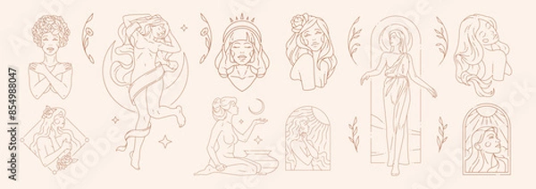 Obraz Big set of woman beauty concepts and figures in line art style.
