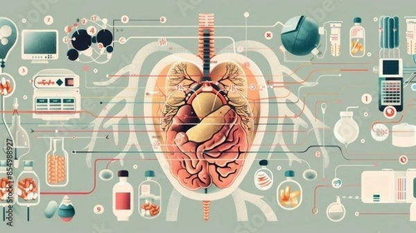Fototapeta An illustration of a cross-section of a diseased organ, highlighting the affected areas and potential treatment pathways, surrounded by medical equipment and medication options