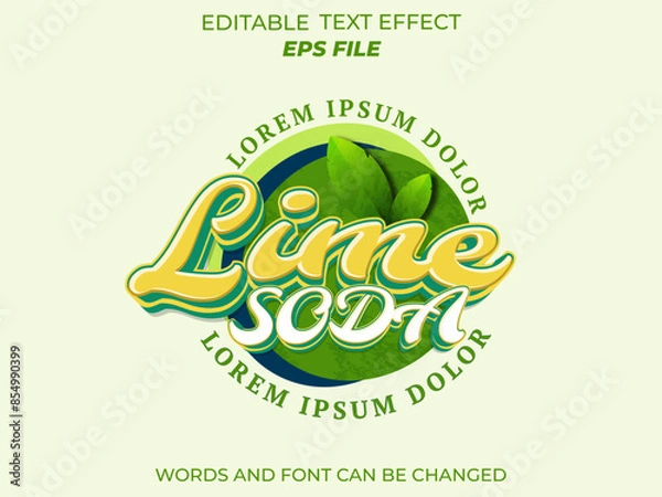 Fototapeta lime soda text effect, font editable, typography, 3d text for drink industry. vector template
