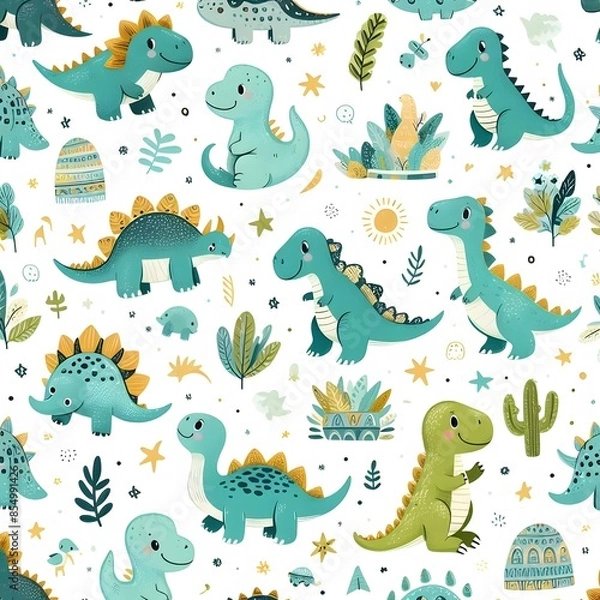 Fototapeta Seamless pattern with different types of cute dinosaurs, background useful for wallpaper, nursery, textile, wrapping paper