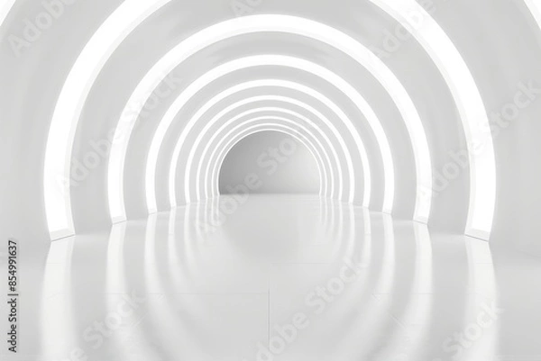 Fototapeta Futuristic empty neon studio corridor with abstract white 3D room light technology, silver road, and modern interior design.