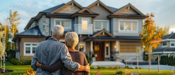 Fototapeta Rear view of Senior couple in front of their new house