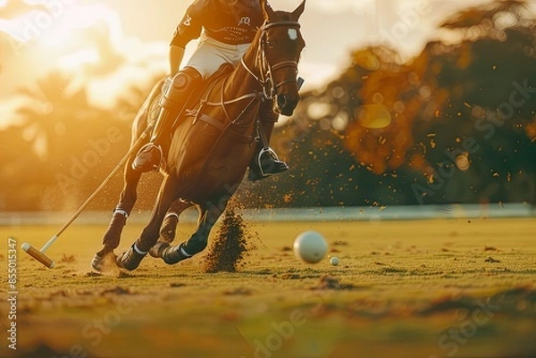 Obraz Polo Player Striking Ball at Sunset