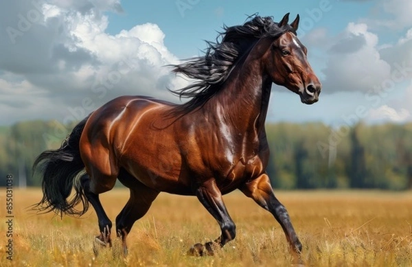 Fototapeta Brown Horse Running Through Field of Grass on Sunny Day