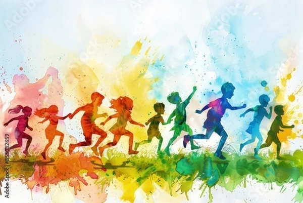 Fototapeta A group of children are running in a field with a rainbow background. The children are of different ages and colors, and they are all running in different directions. Concept of joy and playfulness
